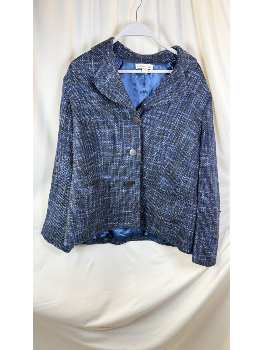 Coldwater Creek Womens 16 Linen-Blend Tweed Woven Blazer Lined Plus Jacket Blue